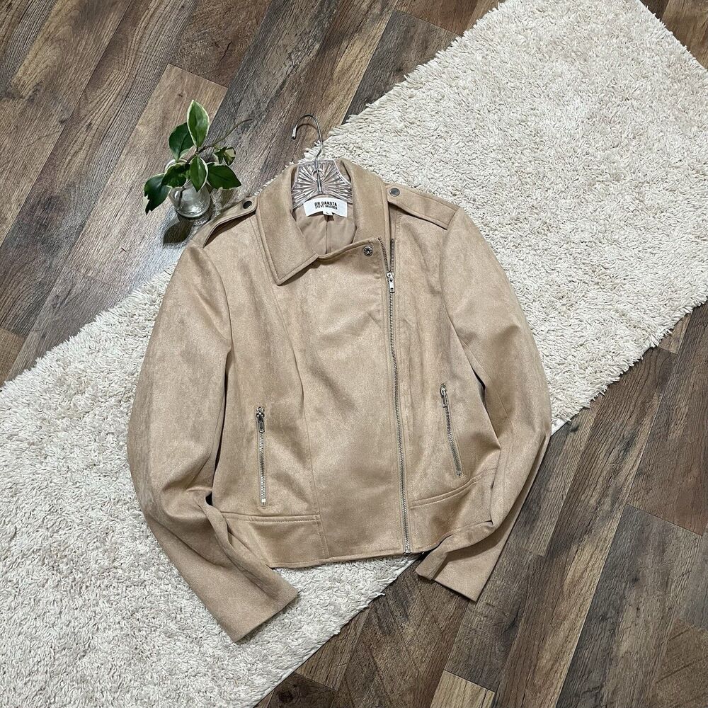 BB Dakota Steve Madden Size Large Beige Faux Suede Zip Front Moto Jacket